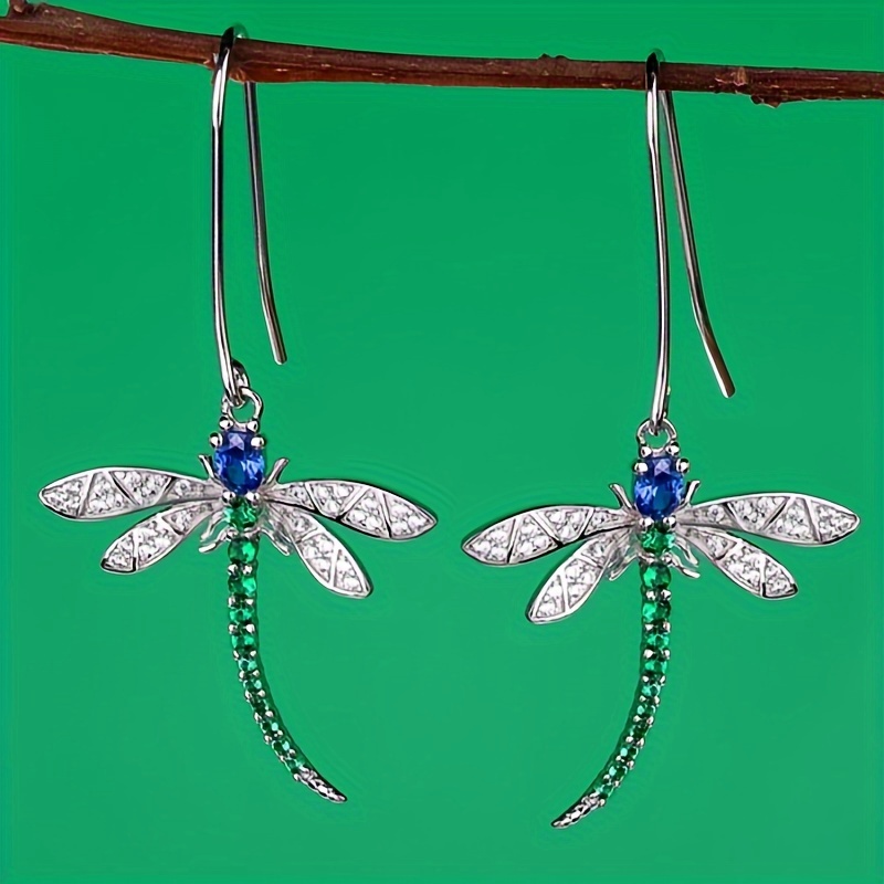 Dragonfly Drop Earrings with Green Zirconia Stone for Women
